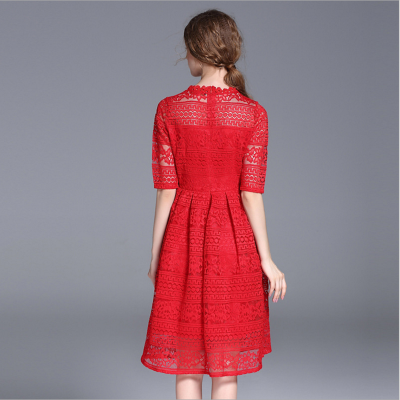 法米姿 春装新款大码女装淘宝刺绣红裙性感蕾