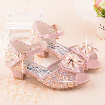西原美儿童凉鞋女童凉鞋粉色水晶凉鞋甜美高跟