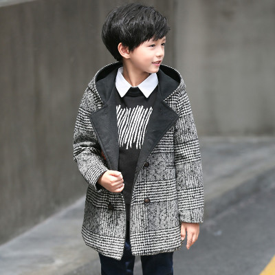笛钰 2017冬季新款男童千鸟格毛呢大衣中大童