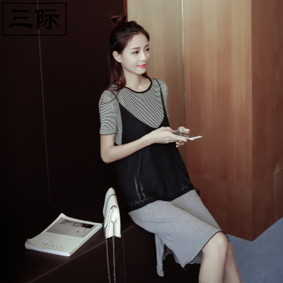 款韩版条纹宽松圆领短袖T恤+性感吊带套装连