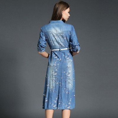 辰蓉 牛仔印花长袖中长开叉连衣裙 K611B659