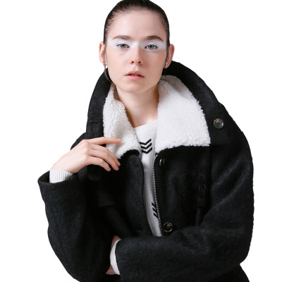 初语冬装新品宽松多口袋毛领拼接中长呢料外套