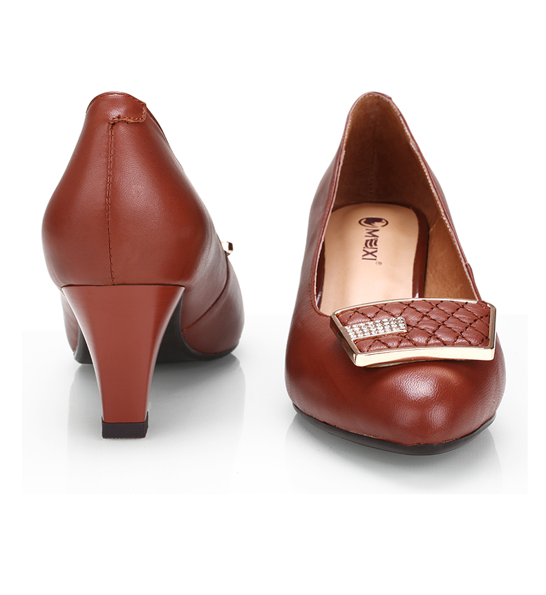 美国犀牛meixi真皮尖头女鞋青年休闲高跟鞋春夏新品低帮套脚浅口女单