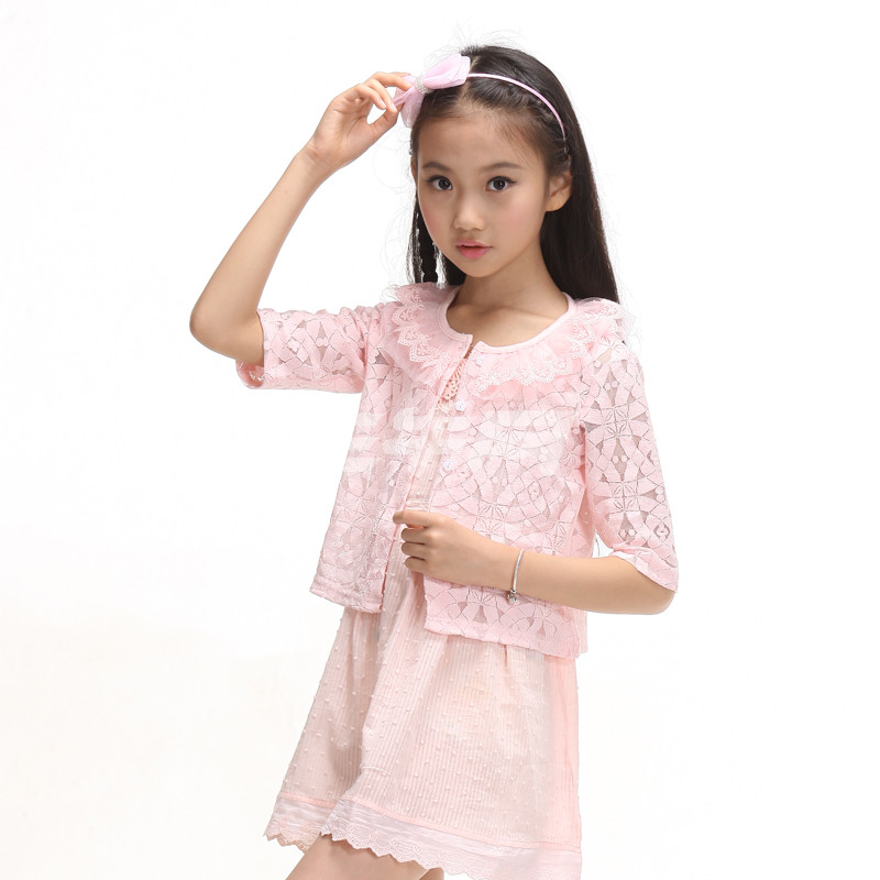 贝蕾地2015夏装新款女童蕾丝镂空小外套薄款开衫宝宝半截袖上衣