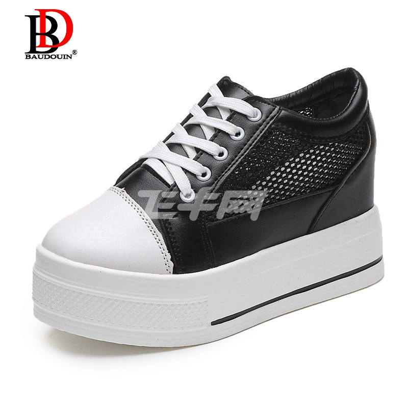 博杜安2017夏季平底厚底单鞋圆头系带镂空舒适透气小白鞋时尚女鞋潮