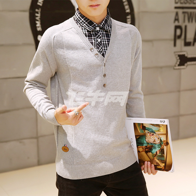 新悦都商务男士毛衣 男装假两件套衬衫领 休闲套头v领针织衫男潮毛衫