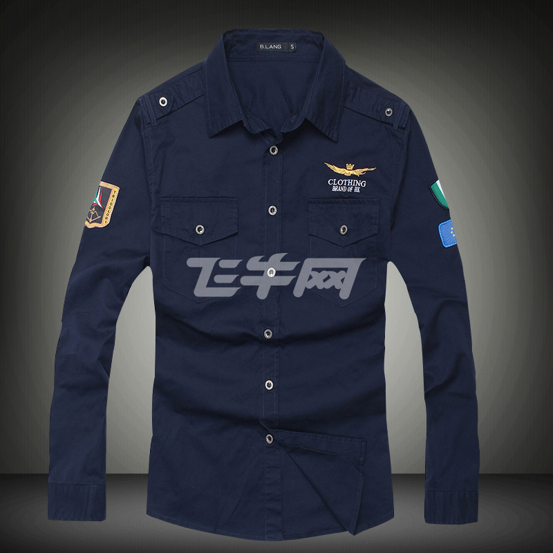 圣洛朗 长袖衬衫男薄款空军一号军工装白色衬衫棉学生休闲修身衬衣男