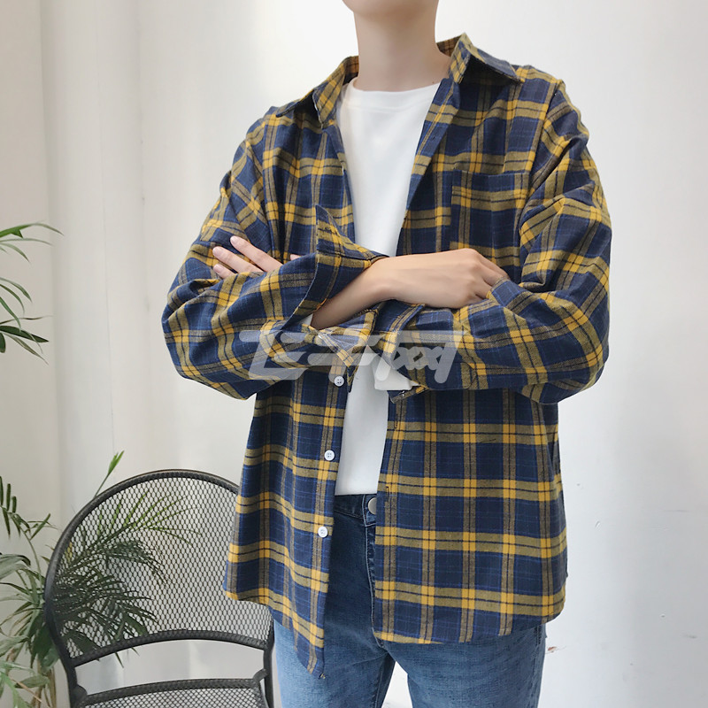 一斯特酷秋季新品韩版宽松复古单面磨毛长袖格子衬衫复古情侣简约