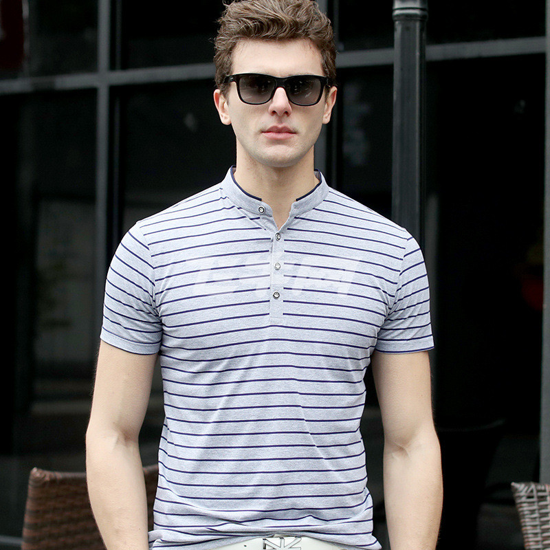 一斯特酷夏季新款纯棉短袖男装立领条纹修身t恤衫