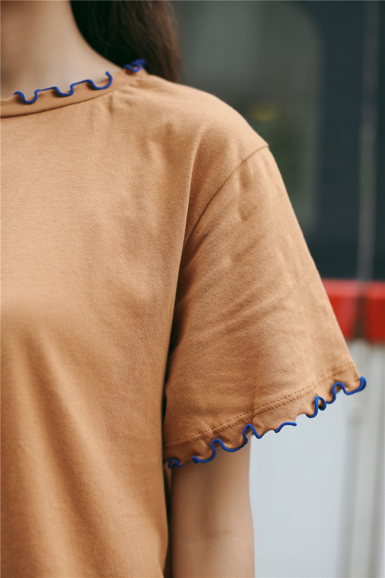 兮冉2017夏季新款韩版小清新学院风撞色圆领木耳袖短袖t恤女上衣2543